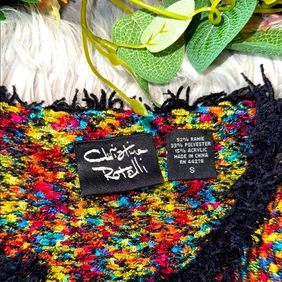 Christine Rotelli Multicolor Boucle Knit Fringe Trim Sweater Artistic Designer - Picture 4 of 10